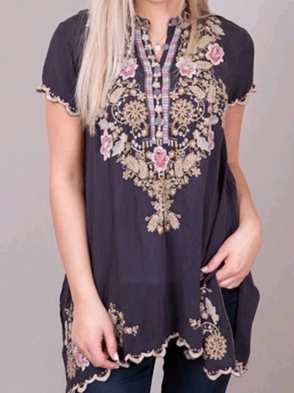 Johnny Was Talum Tunic Embroidered Floral Tunic with Pink and yellow Accents